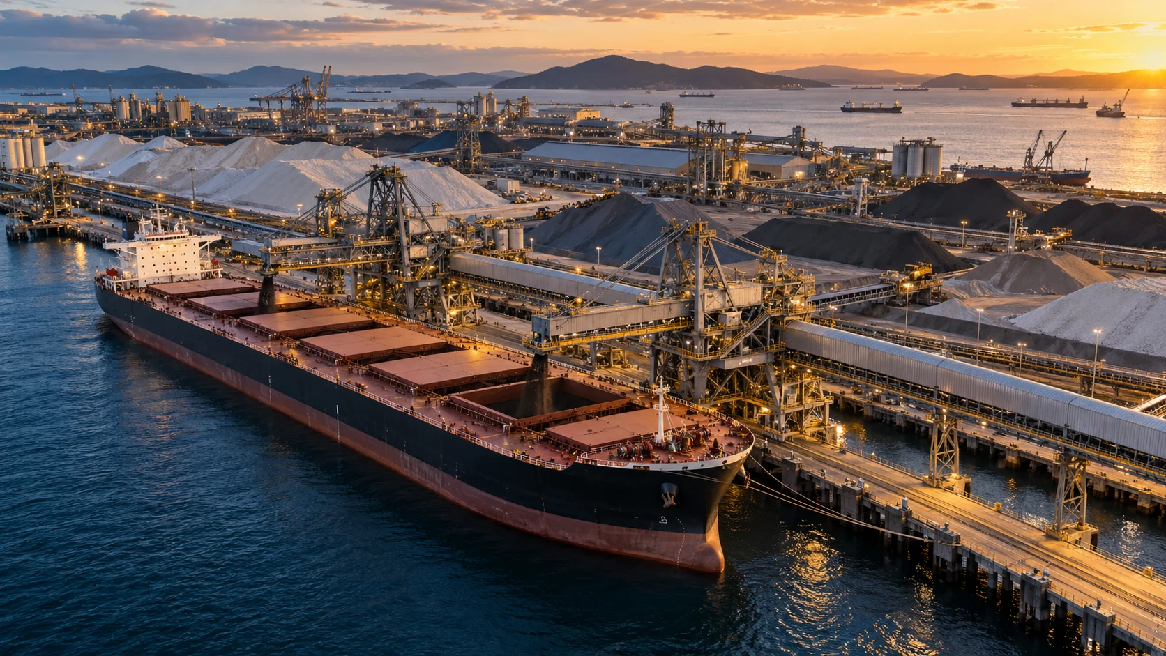 Imagen conceptual de un gran buque de carga y una terminal de materias primas al atardecer