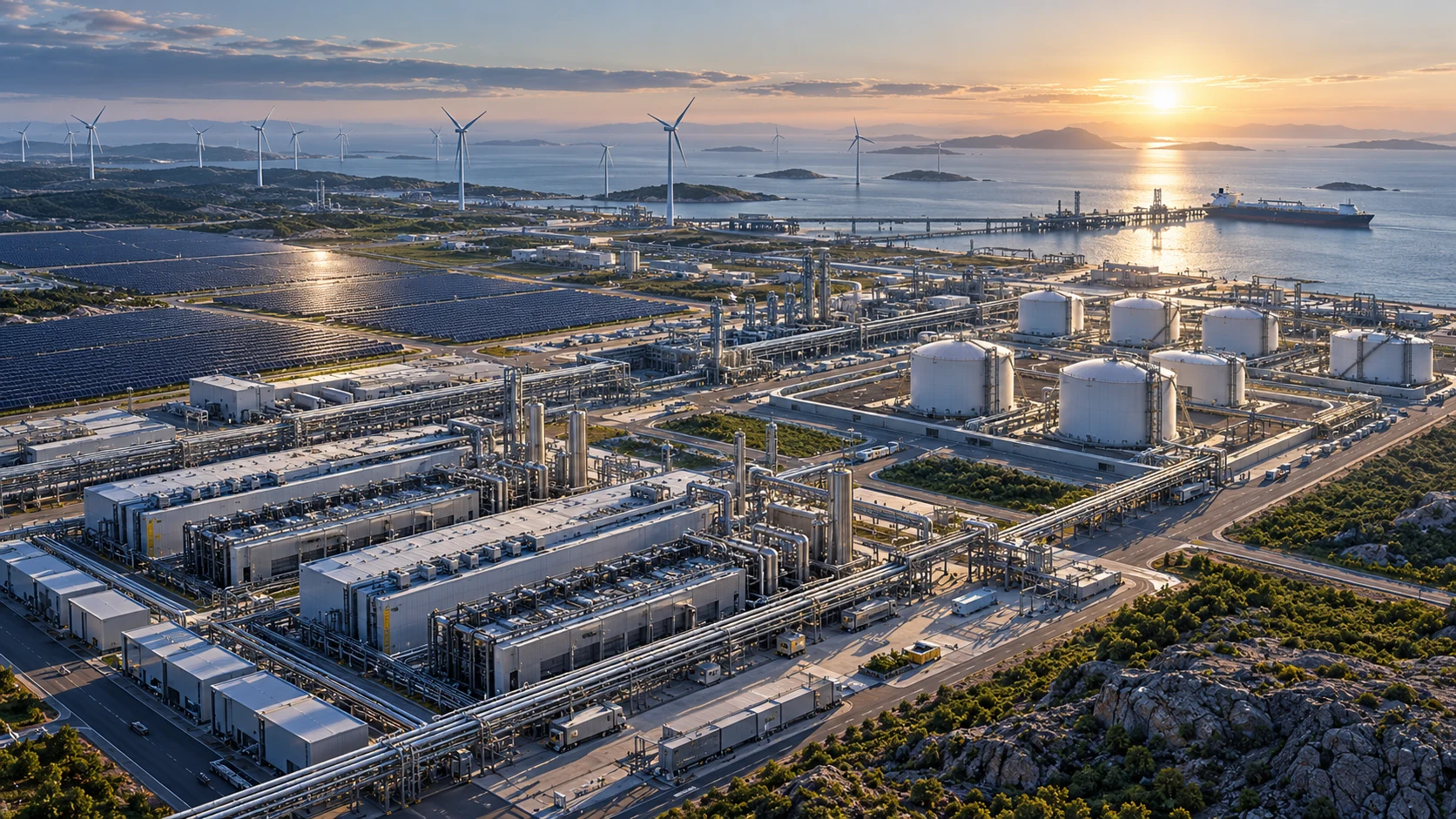 Vista conceptual de producción industrial, energía solar y eólica junto a un puerto