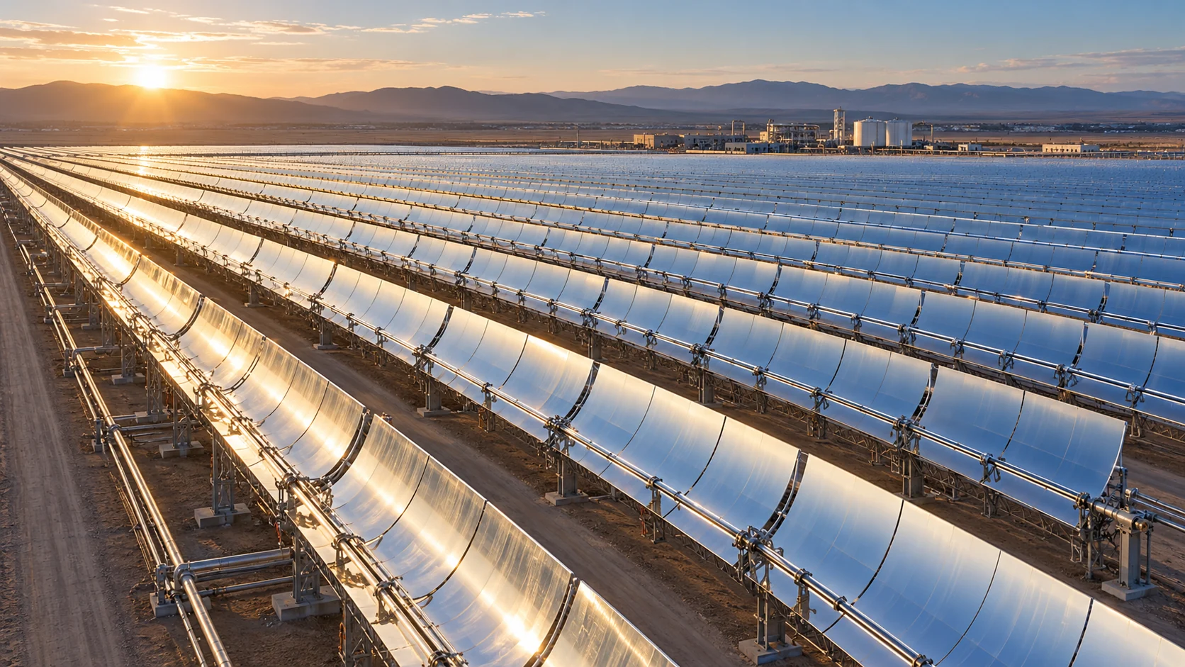Imagen conceptual de un extenso campo de espejos de vidrio para energía termosolar