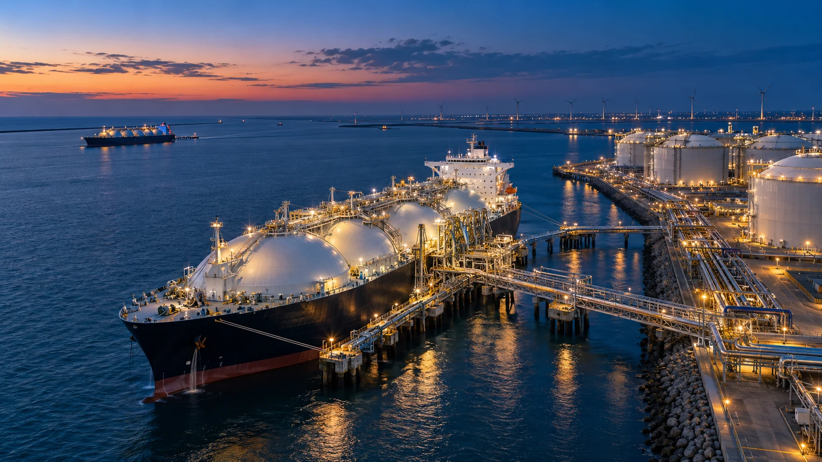 Vista conceptual de un gran buque de transporte de gas junto a una terminal industrial